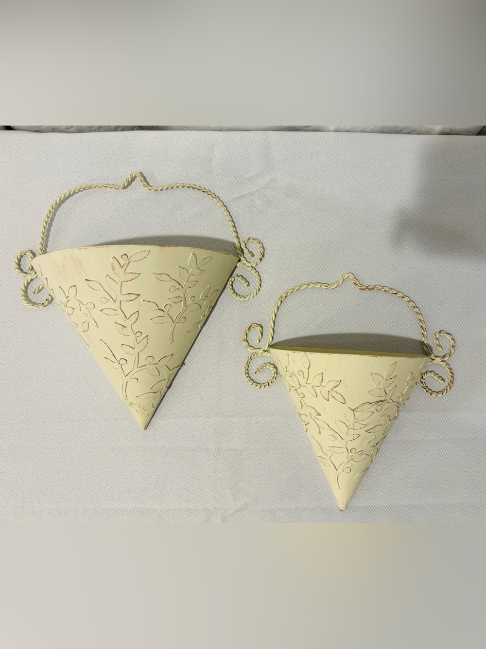 Set of Two Distressed Cream Metal Wall Pocket Sconces